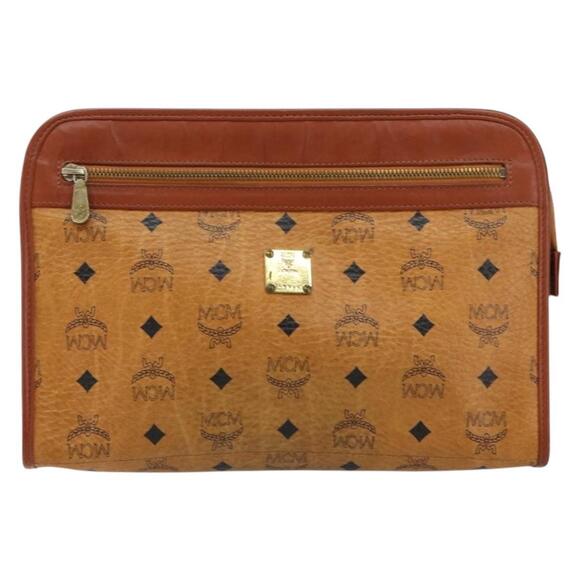 MCM Logogram Vicetos Clutch Bag PVC Leather Brown Gold Auth gh1233